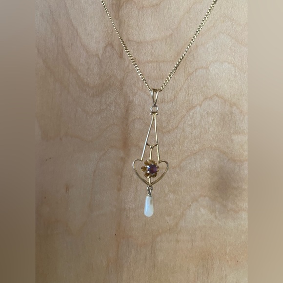 Antique Victorian Edwardian 10K Yellow Gold Lavaliere & Chain Gem Pearl Stamped - Picture 14 of 16